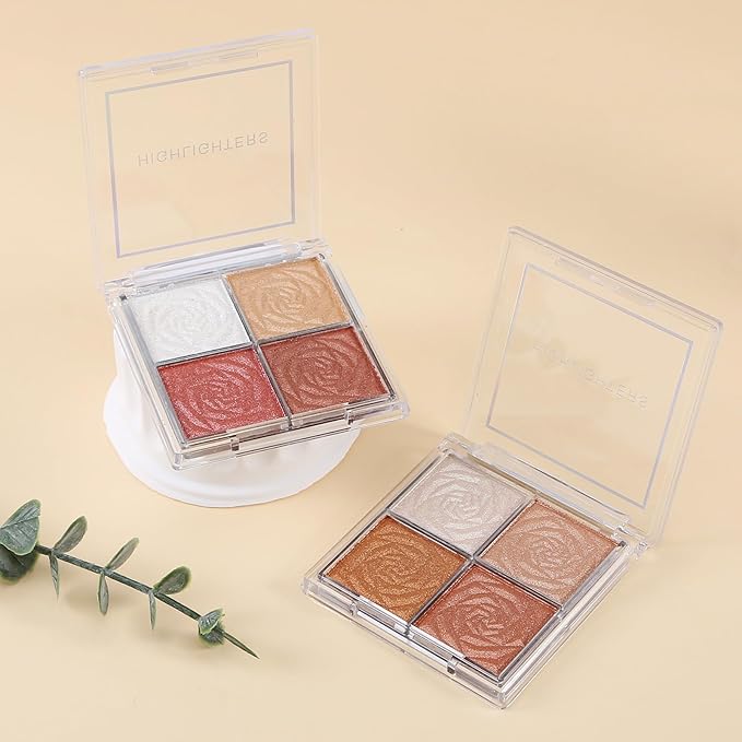Boobeen Blush and Highlighter Palette- 4-color Metallic Shimmer Shadow Powder, Illuminator Makeup Set for Shading, Highlighting & Defining the Face-VivaGrace Women