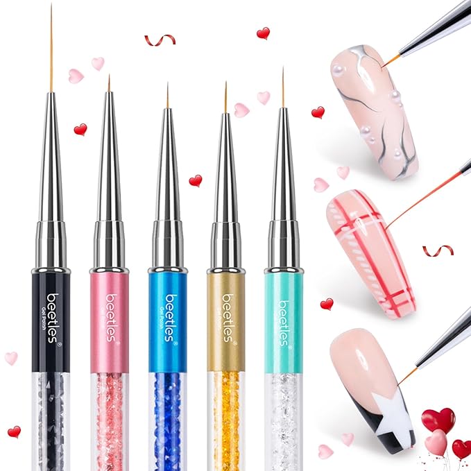 Beetles Gel Polish Nail Art Liner Brushes 5Pcs Painting Art Design Pen Set Diamond Application Rhinestone Handle Dotting Drawing Sizes 5 7 9 11 20mm Nail Design Gift for Women-VivaGrace Women