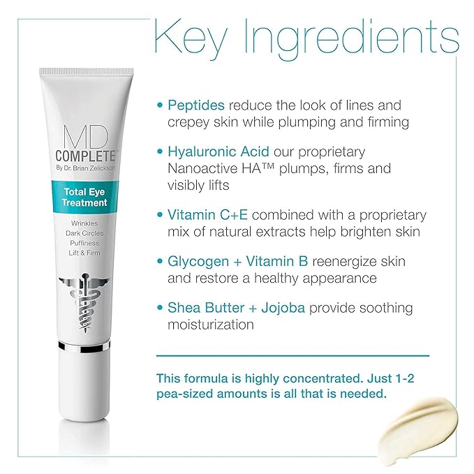 MD Complete Total Eye Treatment | Anti-Aging Hydrating Skin Renewal Eye Treatment | with Peptides, Vitamins C & E and Hyaluronic Acid for Wrinkles, Fine Lines and Crows Feet 0.5 fl oz-VivaGrace Women