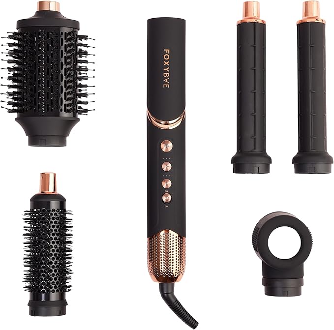 FoxyBae Super Styler Pro Interchangeable 5 in 1 Hair Styler Wand Curling Iron Set - w/Drying Cylinder, Ceramic Blowout & Round Brushes, 2 Auto-Wrap Curlers - Frizz-Free, Smooth Hair [Black Rose-Gold]-VivaGrace Women