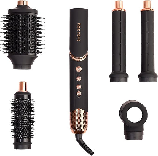 FoxyBae Super Styler Pro Interchangeable 5 in 1 Hair Styler Wand Curling Iron Set - w/Drying Cylinder, Ceramic Blowout & Round Brushes, 2 Auto-Wrap Curlers - Frizz-Free, Smooth Hair [Black Rose-Gold]-VivaGrace Women