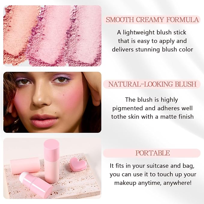 Boobeen Cream Blush Stick, Lightweight Buildable Blush Tint, Natural Matte Finish, Pink, 0.35 oz, Stick, Love Lazy Pink Peach-VivaGrace Women