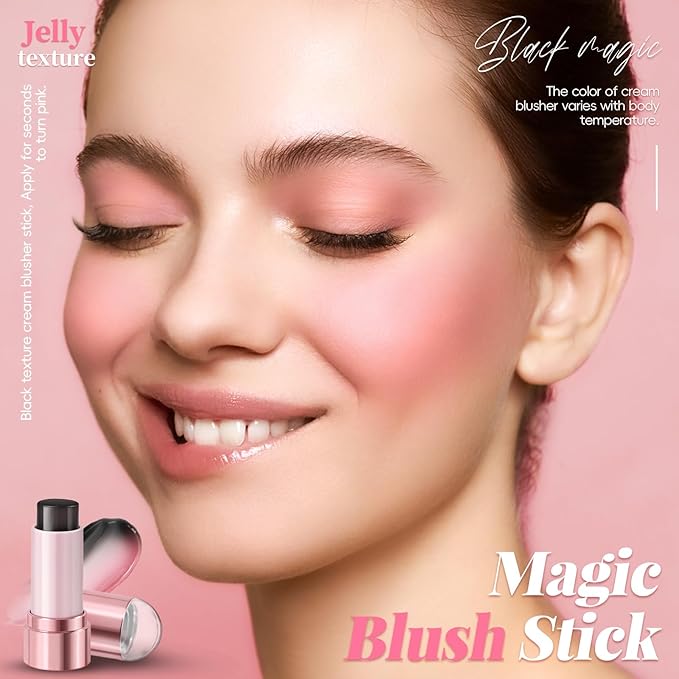 Color Changing Blush Stick for Cheek Lip, Black to Pink Jelly Clear Blush PH Temperature Change Magic Cream Blush Tinted, Lightweight Long Lasting Dewy Natural Glow Makeup for All Skin Tones-VivaGrace Women