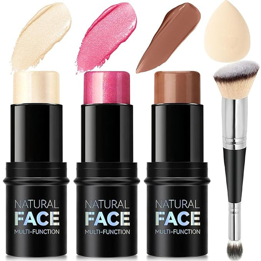 3Pcs Cream Contour Stick Makeup Kit, Shades with Highlighter Stick, Blush Stick and Bronzer Contour Stick for Sculpt the Cheeks, Long Lasting, Waterproof, Matte & Dewy Finish (LIGHT)-VivaGrace Women