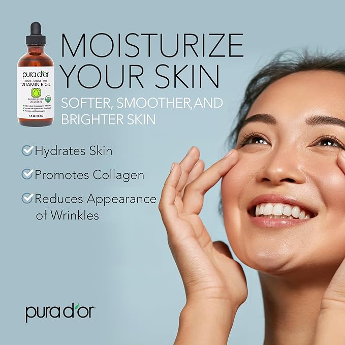 PURA D'OR 4 Oz ORGANIC Vitamin E Oil Blend - 100% Natural Hexane Free, Sweet Almond, Apricot, Jojoba, Argan, Rosehip, Sunflower & Avocado Bath Oil For Scars, Skin, Face & Full Body-VivaGrace Women