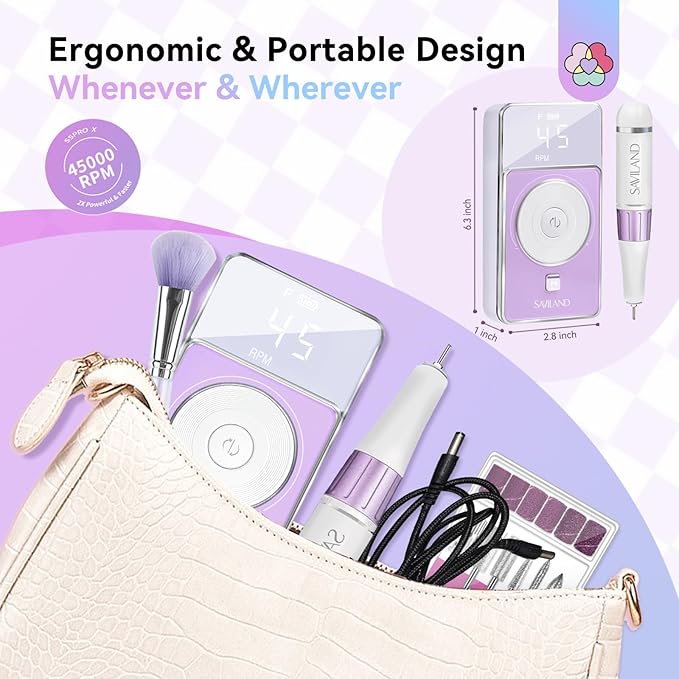 SAVILAND SSPro X-Drill Nail Drill Professional: 45000 RPM Quick Removal for Acrylic Nails Electric Nail File 3000 mAh Nail Drill Kit Portable EFile with Ceramic Bits Sanding Bands Nail Tech Salon-VivaGrace Women