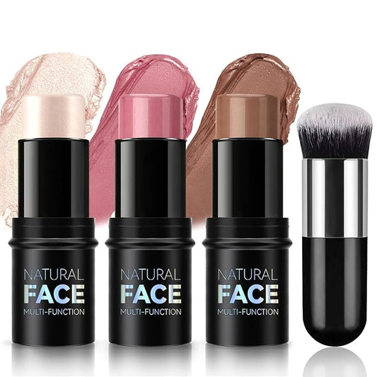 3 Pcs Cream Blush Contour Highlighter Stick for Cheeks Eyes Lips Lightweight Dewy Finish Blush Stick Waterproof Long Lasting Contour Stick Trio Wand Face Makeup Set for Girls and Women (2+5+6)-VivaGrace Women
