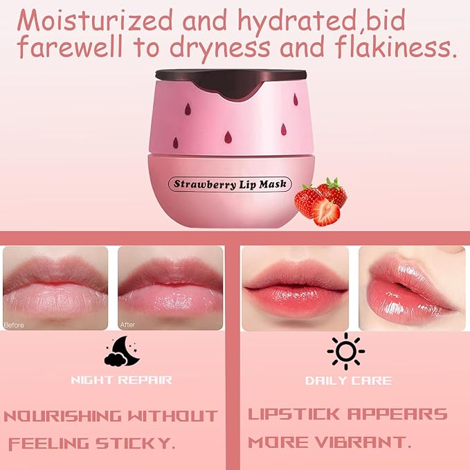 1 PCS Bee Lip Balm Honey Pot, Exfoliating Strawberry Bee Lip Balm Sleeping Lip Mask Overnight with Sticks, Honey Pot Lip Balm Prevention Dry Hydrating and Crack Lip Scrubs-VivaGrace Women