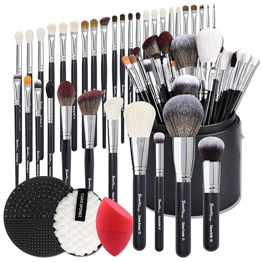 Bueart Design Pro makeup Artist 34Pcs Deluxe Real Goat Hair Horse hair Makeup Brushes Set with extra Large Holder High End Professional labeled makeup brush set with natural Pony Hair-VivaGrace Women