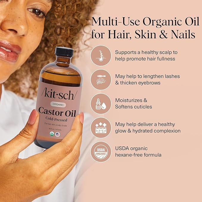 Kitsch Organic Castor Oil for Hair Growth - 100% Pure Castor Oil, Organic Cold Pressed Unrefined Glass Bottle for Face, Skin, Lashes, Brows, Scalp, Nails & Belly Button - Hexane Free, USDA - 16 oz-VivaGrace Women