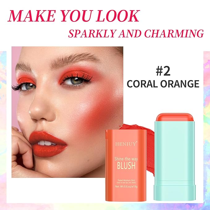 Orange Blush, Multi-Use Blush Stick, Cream Blush for Cheeks, Long Lasting and Waterproof, Natural-Looking Stick Blush for All Skin, Makeup Blush, Coral Orange-VivaGrace Women