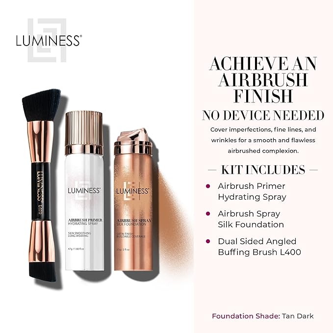 LUMINESS Airbrush Spray Silk Foundation Starter Kit - Tan Dark - Foundation, Primer & Dual-Sided Angled Buffing Brush - Medium, Buildable Coverage, Anti-Aging Formula Hydrates & Moisturizes-VivaGrace Women