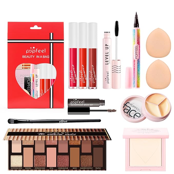 All in One Makeup Kit, Full Starter Essential Makeup Kit for Women Beginners Includes Eyeshadow Palette Lipgloss Mascara Eyeliner Eyebrow Pencil Concealer Powder Puff Set-VivaGrace Women