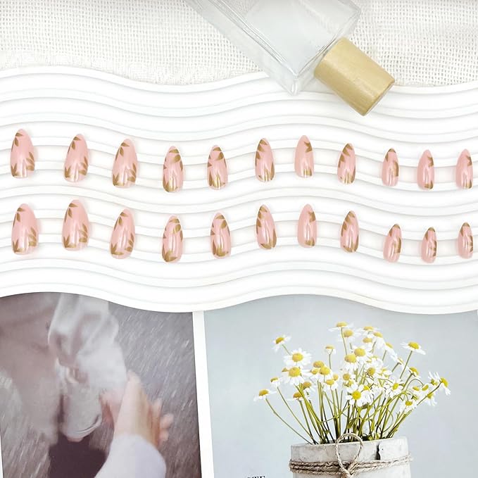 Press on Nails Medium Almond Fake Nails with Leaf Designs Nude Pink Stick on Acrylic Nails Glossy Full Cover False Nails for Women