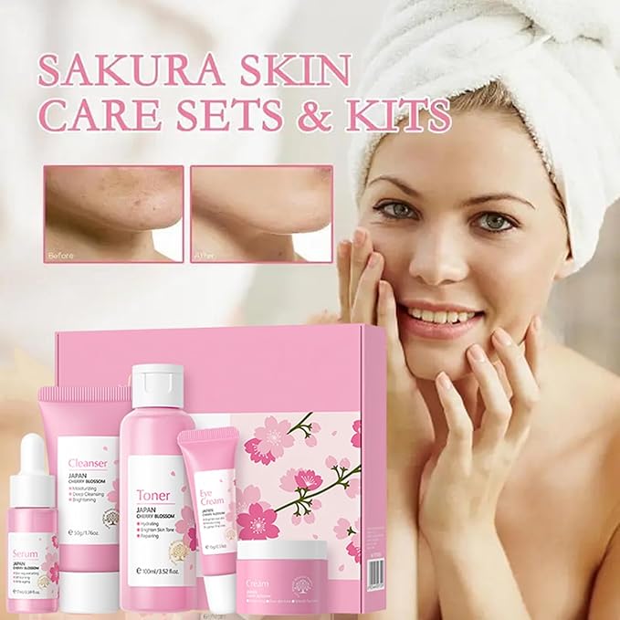 Korean Skin Care Set - Sakura Skin Care Sets & Kits - Women Gift Sets with Cleanser-Toner-Serum-Face Cream-Eye Cream - Skin Care Routine Kit for Women - Beauty Products Gift Box (SetB)-VivaGrace Women