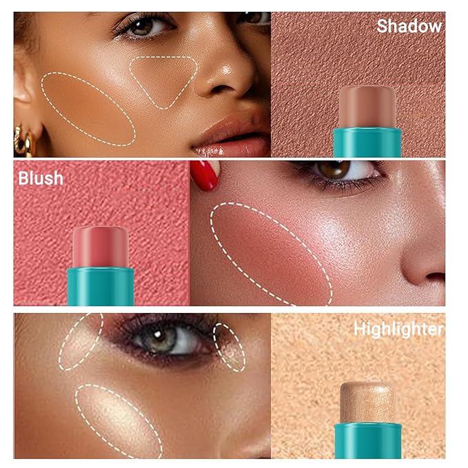 3Pcs Cream Contour Stick, with Highlighter Stick Milk Bronzer Stick Blush Stick, Face Contour Stick with Makeup Brush and Sponge, Easy to Sculpt the Face, Long Lasting, Waterproof-VivaGrace Women