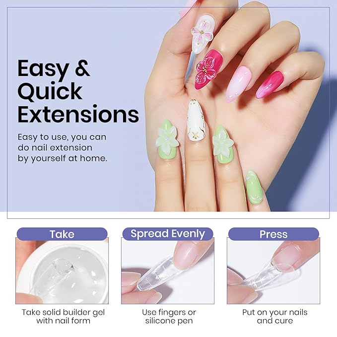 MIZHSE Solid Builder Gel Nail Kit with Nail Lamp, 3 Colors Builder Gel Clear Milky White Nude Hard Sculpting 3D Art U V LED Gels with Dual Form-VivaGrace Women