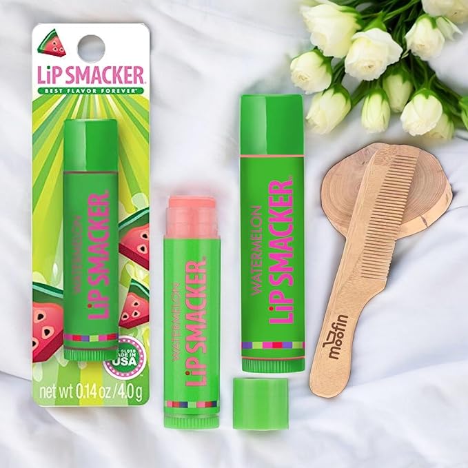 Lip Smacker Water melon Flavored Balm, Glossy Balm for Soft, Shiny s, gloss Hydrating Clear Shine, Built in USA, Bundle with Moofin Wooden Comb, skin care [Pack of 2]-VivaGrace Women