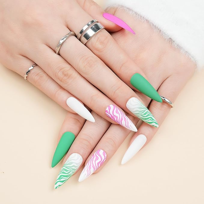 Extra Long Press on Nails XXL Pink and Green, Jofay Fashion Fake Nails with Designs, False Nails with Glue, Stick on Nails for Women Girls, Natural & Reusable, Acrylic Nail Tips, Alps, 24pcs