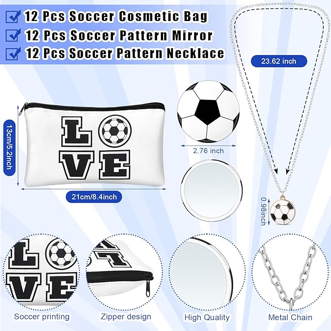 72 Pcs Sports Team Gifts Include 12 Makeup Bags 12 Lip Balm 12 Lip Balm Holder 12 Necklace 12 Adjustable Bracelet 12 Mirrors for Sports Lovers Players Party Favors (Black, Soccer)-VivaGrace Women