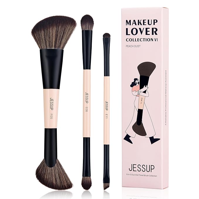 Jessup Travel Makeup Brushes Set 3pcs, Double Sided Contour Brush Dual Ended Eye Shadow Shader Eyeliner Brush, Multi-functional Makeup Set Peach Dust T507-VivaGrace Women