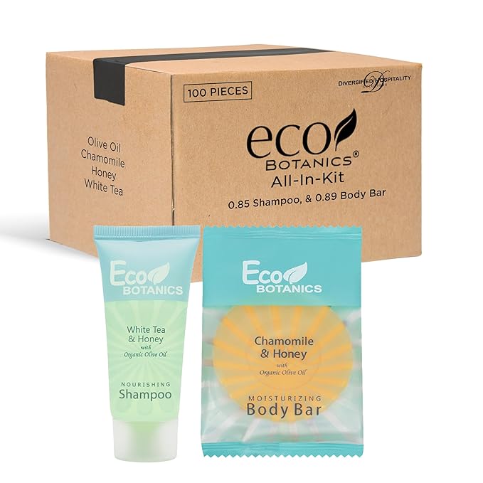 Eco Botanics Hotel Soaps and Toiletries Bulk Set | 1-Shoppe All-In-Kit Amenities for Hotels & Airbnb | 0.85 Conditioning Shampoo & oz Bar Soap Travel Size | 100 pieces-VivaGrace Women