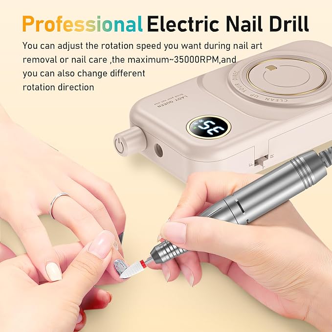 Portable Nail Drill Electric File: 35000RPM Professional Rechargeable Nail E File Machine,for Acrylic Nails Gel Polishing Removing, Cordless Efile with Bits Kit for Manicure Salon Home (Pink)-VivaGrace Women