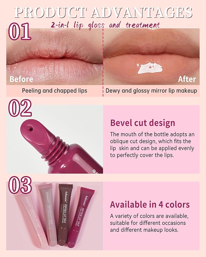 Tinted Lip Balm-2Pcs Pink Brown Peptide Hydrating Lip Tint Moisturizer,Jelly Glossier Lip Treatment Balm,Non-Stick Glow Reviver Lip Care Oil,Yummy Glowy Lip Gloss,Thanksgiving Makeup for Women-01+03-VivaGrace Women
