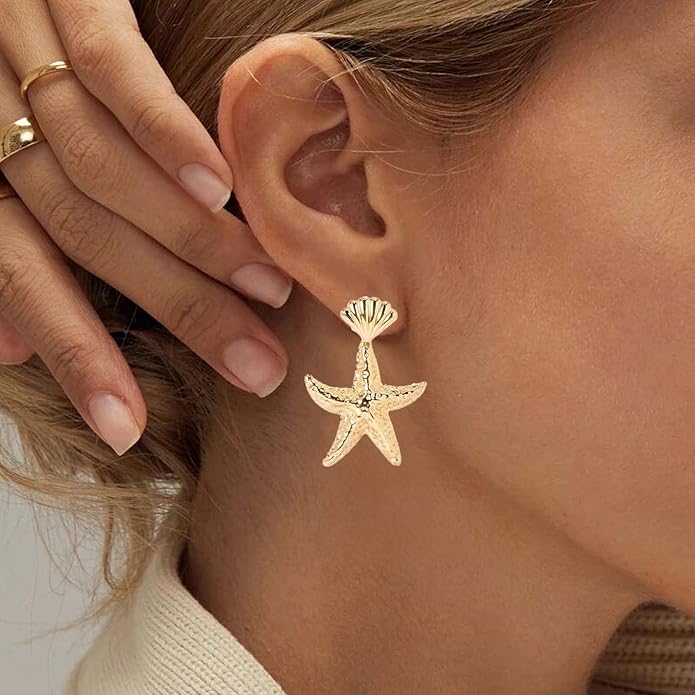 Vintage Starfish Dangle Earrings Starfish Drop Earrings Gold Metal Seashell Stud Earrings Hammered Starfish Earrings Jewelry for Women-VivaGrace Women