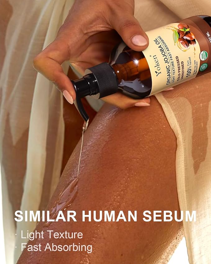 Yoken Organic Jojoba Oil Glass Bottle 8 fl oz, USDA Certified 100% Pure & Natural Jojoba Oil for Hair, Skin & Face, Cold Pressed Unrefined Hexane Free, Deeply Moisturizing Body Serum Oils for Gua Sha-VivaGrace Women