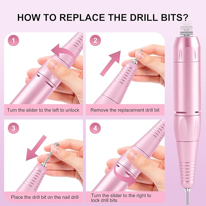 Professional Electric Nail Drill File:COSYGLOW Glitter Portable Cordless E-File Nail Drill Kit with 11 Drill Bits,30000 RPM Rechargeable Nail Drills Machine for Acrylic Nails Gel Polishing (Pink)-VivaGrace Women