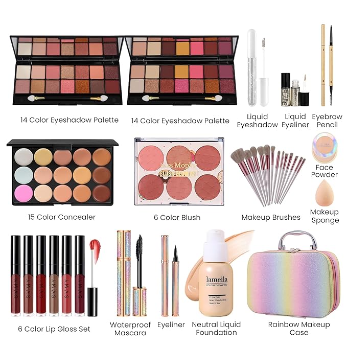 Makeup Kit for Women Full Kit, Travel Makeup Kit, Makeup Gift Set for Teens Girls Beginners Professionals, Makeup Bundle Include 2 Matte & Glitter Eyeshadow Palettes, Lip Gloss Set-VivaGrace Women