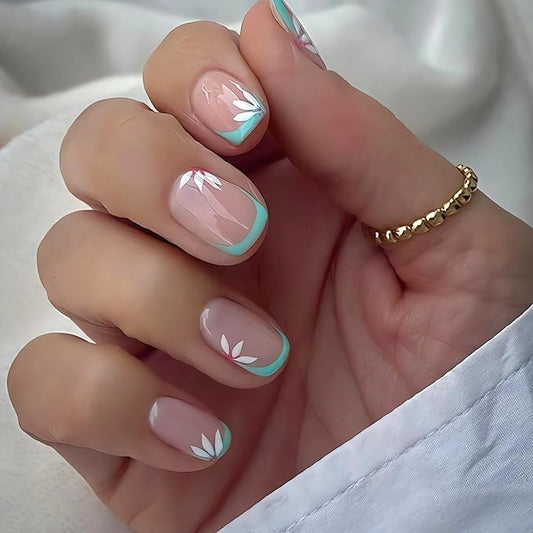 Elegant Light Green False Nails - 24 Pcs Press On Nails with White Flower Designs, French Acrylic Tips, Full Cover Glue On Nails