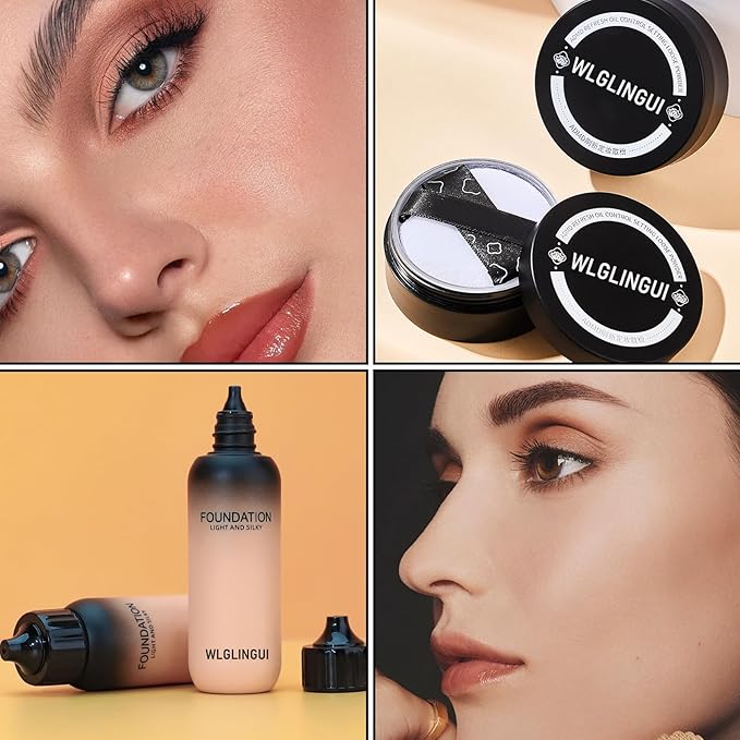 Full Coverage Liquid Foundation Makeup Set,Oil Control Concealer Long Lasting Waterproof Loose Setting Face Powder,Moisturizing BB Cream Set with Soft Makeup Sponge and Foundation Makeup Brush（4PCS）-VivaGrace Women