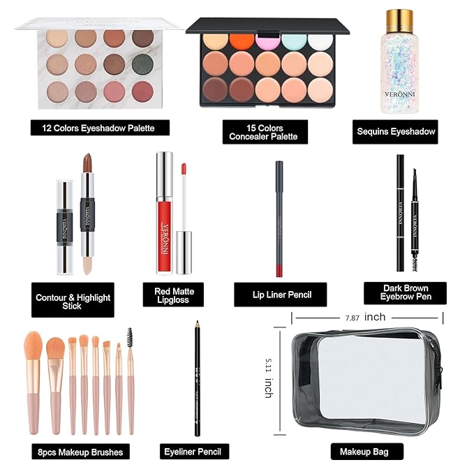 VERONNI Makeup Kit for Girls Women Full Kit ,All In One Makeup Gift Starter Set -Eyeshadow Palettes,Concealer ,Contour ,Lipgloss, Lipliner,Eyeliner,Makeup Brush,Eyebrow Pencil ,Travel Bag for Teens Birthday Christmas-VivaGrace Women