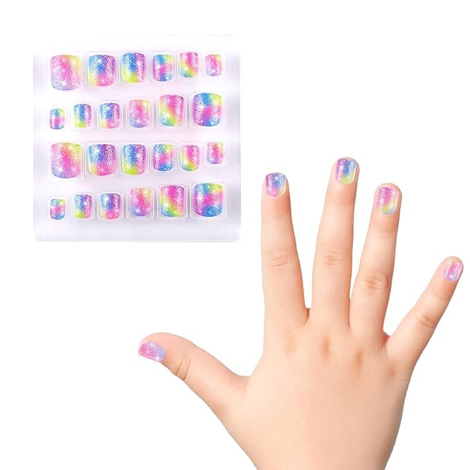 Kids Press on Nails Children Fake Nails 72PCS Artificial Nail Tips Adhesive Full Cover Short False Fingernails for Girls Kids Nail Decoration (Starry Heart Ice Cream)