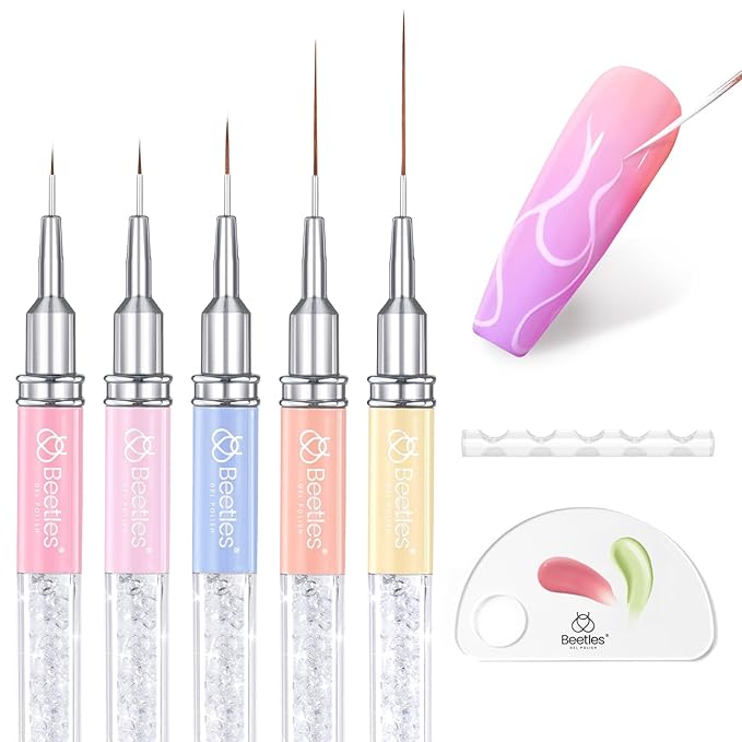 Beetles Gel Polish Nail Art Liner Brushes 5Pcs Painting Art Design Pen Set Diamond Application Rhinestone Handle Drawing Nail Art Brushes Tools Sizes 5/6/11/20/25mm Nail Art Design Gift for Women-VivaGrace Women