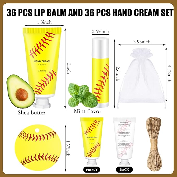 144 Pcs Softball Lip Balm Hand Cream Set Softball Accessories Softball Party Favors Including 36 Softball Lip Balm 36 Moisturizing Hand Cream 36 Bags 36 Softball Cards and Ropes for Kids Gifts-VivaGrace Women