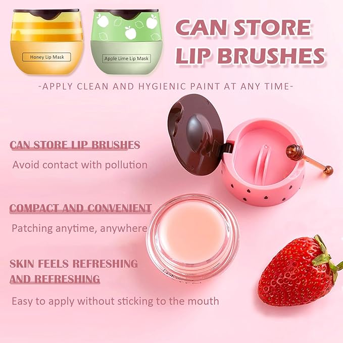 Bee Lip Balm Honey Pot,3 PCS Strawberry&Honey&Apple Lime Lip Sleeping Mask,Hydrating Prevention Dry and Cracked Lip Scrubs Exfoliator Lip Care,Moisturizing Lip Mask Overnight Reduces Lip Lines-VivaGrace Women