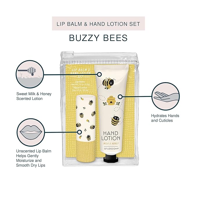 Studio Oh! Lip Balm & Hand Lotion Set - Travel-Size Toiletries, 2-Piece Gift Set - Moisturizing, Portable - Buzzy Bees-VivaGrace Women