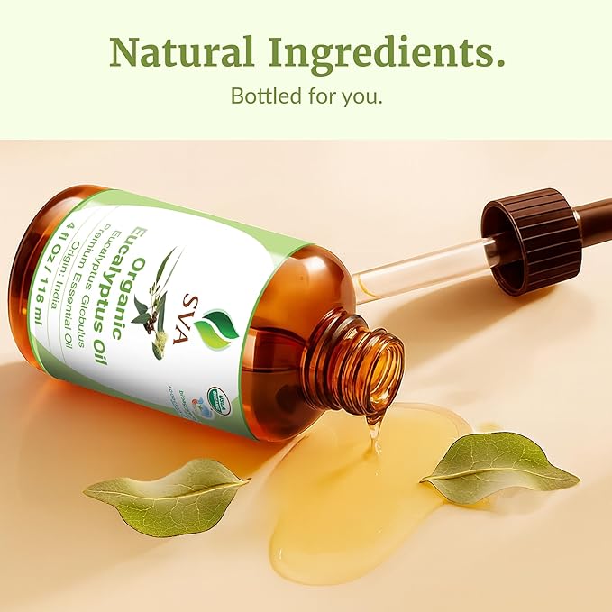 SVA Eucalyptus Essential Oil Organic – 4 Fl Oz – 100% Natural Organic Eucalyptus Oil - for Diffuser, Hair, Face, Skin Care, Aromatherapy, Scalp and Body Massage, Soap and Candle Making - with Dropper-VivaGrace Women
