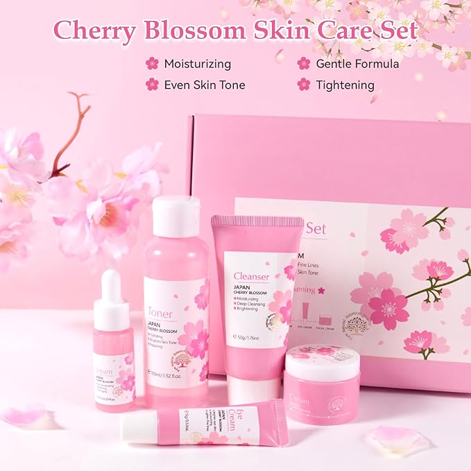 Skin Care Set, Cherry Blossom Skin Care Sets & Kits, Skin Care for Teenage Girls Gift Set with Cleanser, Toner, Serum, Eye Cream, Facial Cream, Facial Skin Care Sets & Kits for Teenage Girls Women-VivaGrace Women