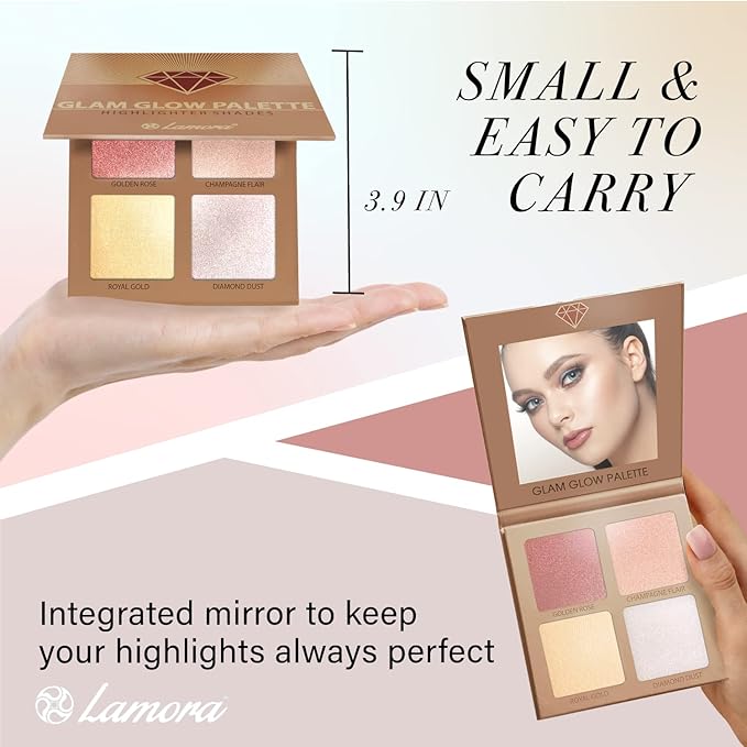 Highlighter Palette Highlighter Makeup Iluminador - Glow Bronzer Powder Makeup Highlighter Kit With Mirror - 4 Highly Pigmented Face Highlighter Shimmer Colors - Vegan, Cruelty Free & Hypoallergenic-VivaGrace Women