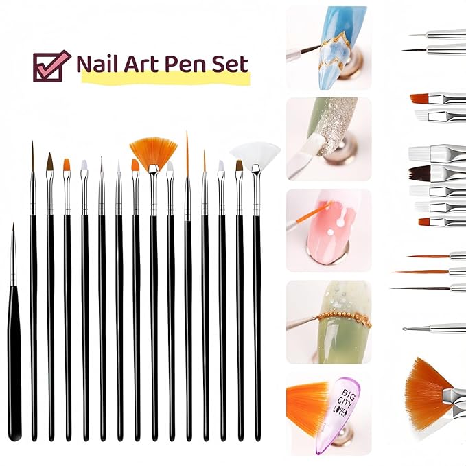 36Pcs Nail Art Brush Set, Acrylic Nail Brushes, Dotting Tools, Liner & Dust Brush, Drawing Pens For Gel Polish, sponge Polishing Rubs, Professional Nail Art Tools For Beginners & Salon Home Use-VivaGrace Women