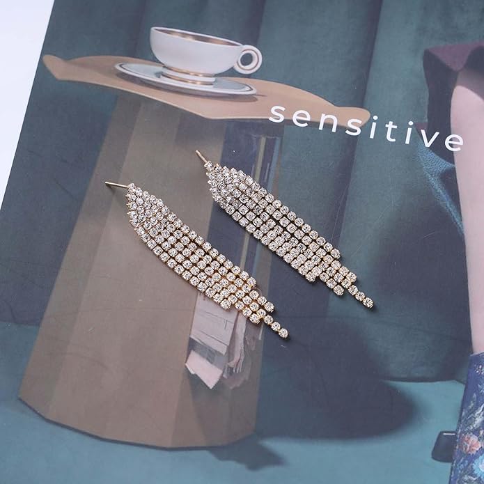 Vintage Rhinestone Chandelier Tassel Earrings Crystal Chain Drop Earrings Gold Long Tennis Chain Earrings Shine Chandelier Bridal Earrings Jewelry for Women-VivaGrace Women