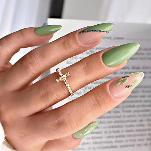Green Press on Nails Medium Almond Fake Nails with Design Green Leaf Glue on Nails Cute False Nails Glossy Nails Tips Full Cover Acrylic Stick on Nails for Women Girls Manicure 24pcs