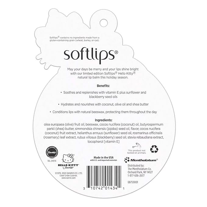 Hello Kitty Limited Edition Softlips Ornament Natural Lip Balm 3-Pack Vanilla Chai, Frosted Cranberry, Sugar Cookie, Holidays 2020-VivaGrace Women