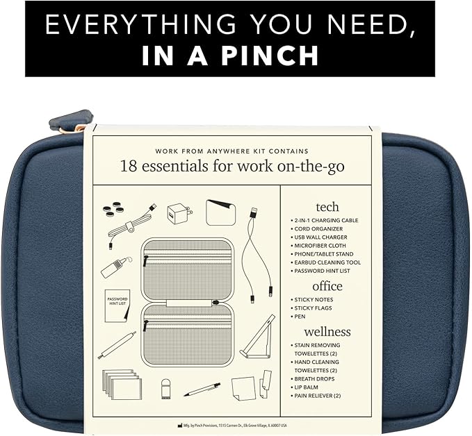 Pinch Provisions Work from Anywhere Kit, Includes 18 Essentials to Help You Stay on Task, Must-Have Essentials, Compact Multi-Functional Vegan Leather Pouch, Navy-VivaGrace Women