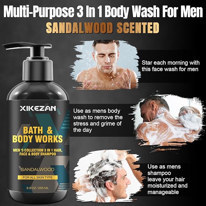 Gifts for Men,Mens Body Wash Gift Set Cleansing & Hydrating Skin w/Face Wash,Deodorant,Sandalwood & Cologne 3 in 1 Hair,Face & Body Wash,Mens Stocking Stuffers Christmas Gifts for Men Him Dad Husband-VivaGrace Women