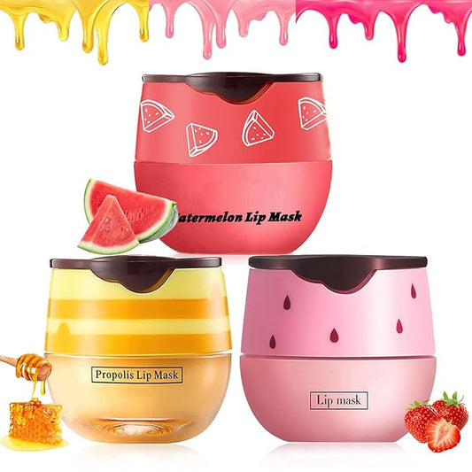 3PCS Bee Lip Balm Honey Pot,Honey Strawberry Watermelon Lip Mask Overnight Moisturizing Lip Balm,Hydrating Prevention Dry & Cracked Nourishing Sleeping Lip Mask (Honey+Strawberry+Watermelon)-VivaGrace Women